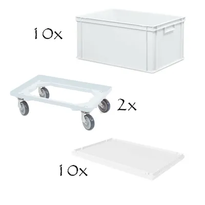 Produktbild von 10 Euroboxen, LxBxH 600x400x320 mm + 10 Stülpdeckel + 2 Transportroller, weiß