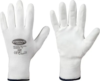 Immagine prodotto di 12 paia di guanti in PU, taglia 8, bianchi, con rivestimento parziale in nylon a maglia fine e polsino a maglia