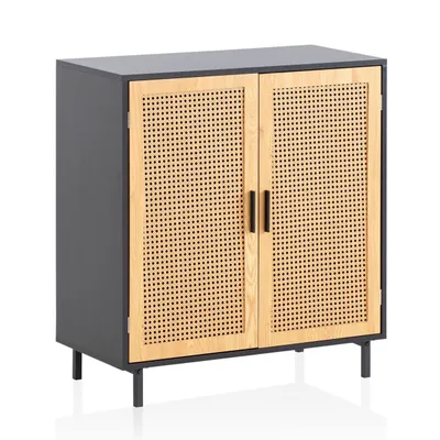 Produktbild von Sideboard 80x86,5x40 cm Kommode Schwarz mit Wiener Geflecht, Hoher Kommodenschrank Zeitlos, Standschrank Wohnzimmer mit 2 Türen, Anrichte Rattan