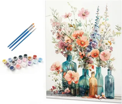 Produktbild von Malen nach Zahlen für Erwachsene, Landschaftsmotiv ohne Rahmen, inklusive Pinsel und Acrylfarben – 40 x 50 cm, Bunte Blumen 3