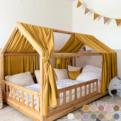 Produktbild von Hausbetthimmel Baumwoll Musselin Betthimmel Kinder Hausbett 2er Set