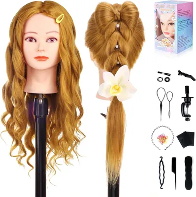 Productafbeelding van Oefenhoofd Haar - Kappershoofd Trainingskop - Haar Stylen Vlechten - 70% Echt Haar - 66 cm - Goud
