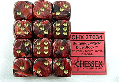 Obrázok produktu pre Chessex Vortex kocka: 16 mm D6 vínová červená/zlatá 12 kusov
