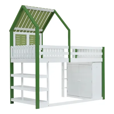 Produktbild von Hochbett,Kinderbett mit Fallschutzgitter,Dach und Fenster,Reichlich Stauraum mit Kleiderschrank,Dreischichtiges offenes Lagerregal,Dreistufige Leiter