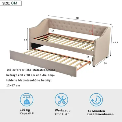 Obrázok produktu pre Rozkladacia pohovka 90x200 cm s úložným priestorom a latkovou roštou, farba béžová