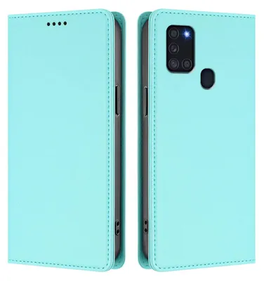 A product shot of a turquoise phone case, shown from the front and back.