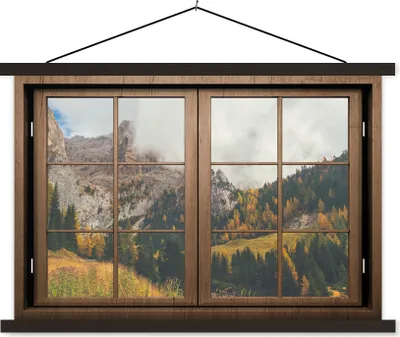 Produktbild von MuchoWow® Textilposter Aussicht - Berg - Baum 60x40 cm mit schwarzem Rahmen - Hölzernes
