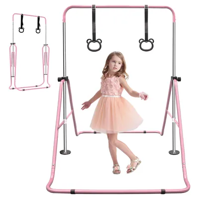 Image de Barre fixe extensible pour enfants - Barre fixe d'entraînement junior réglable en hauteur pour la maison, barre fixe pliable, rose
