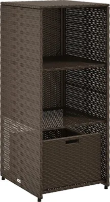A brown poly rattan garden cabinet with shelves and a storage basket.