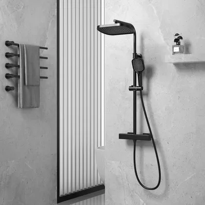 Immagine prodotto di Set completo per sistema doccia termostatico, colore nero, con doccia a pioggia da 32 cm, soffione manuale con 3 getti, e altezza regolabile da 79 a 128 cm