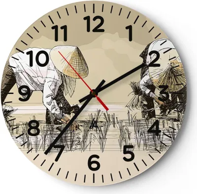 Produktbild von Wanduhr - Rund - Glasuhr - Reis Asien Feld Wasser - 30x30cm - Schleichendes Uhrwerk - Lautlos - zum Aufhängen bereit - Dekoration Modern - Wanddekoration aus Glas - C4AR30x30-3539