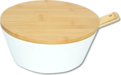 Produktbild von KESPER Obst- & Salatschale Ø 26 cm – Melamin weiß – mit  Bambusdeckel & Besteck – 11 cm hoch – moderne Servierschale – Schüssel - 32620