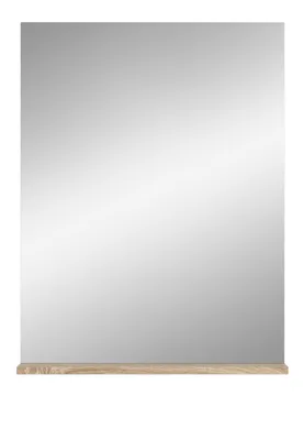 A rectangular mirror with a wooden shelf at the bottom, presented against a white background.