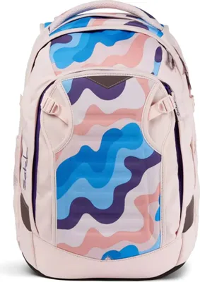 A close-up front view of a backpack with a colorful wavy pattern.