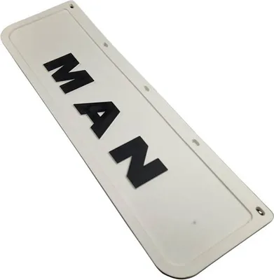A white rectangular badge or plate with the black letters 'MAN' on it, shown at an angle against a white background.