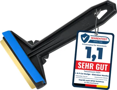 A black ice scraper with a blue and gold blade, displayed with a marketing tag attached.