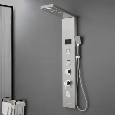 Produktbild von LED Duschpaneel mit Armatur, 5 in 1 Duschpaneele Komplett ohne Batterie aus Edelstahl 304, Regendusch, Wasserfall, Handbrause, 3 Massagedusche