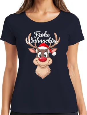 Produktbild von Frohe Weihnachten Rentier Rudolf Weihnachtsmütze Lustig Cartoon Damen T-Shirt, Navy, 3XL