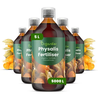 Obrázok produktu pre Physalis, tekuté hnojivo, 5 x 1 liter – vzorec NPK 2-1-8 – vhodné pre Physalis – podporuje vysoké výnosy, aromatické plody a silné rastliny – organické hnojivo