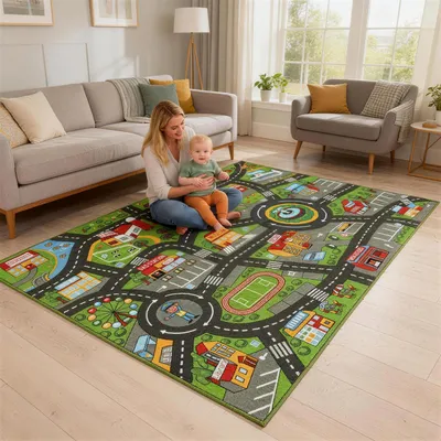 Produktbild von SUGIFT Spielmatte Baby Stadtmotiv, Krabbeldecke rutschfest, Spielteppich Kinderzimmer, Grau | 200 x 150 cm | 0,5 cm dick | beidseitig rutschfest