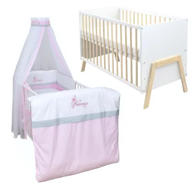 Produktbild von Babybett Kinderbett Gitterbett Juna 60x120 Weiß Schutzgitter Matratze Bettwäsche Set 10tlg Princess