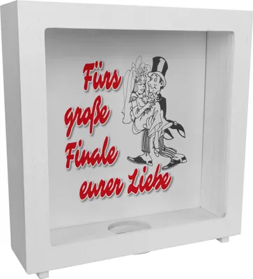 Produktbild von Ehepaar Rahmen Spardose aus Holz mit Spruch Fürs große Finale eurer Liebe