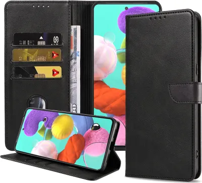 Zdjęcie produktu dla Etui na telefon Samsung Galaxy A51 ze sztucznej skóry z magnetyczną wargą i uchwytem na karty Etui z klapką - czarne - Smartphonics