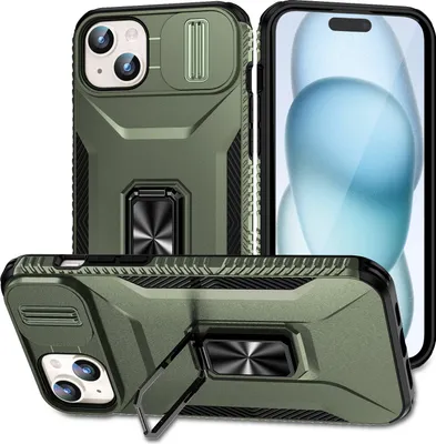 Image de Étui double couche pour iPhone 15 Plus étui de protection militaire avec protection coulissante de l'appareil photo et support d'anneau vert