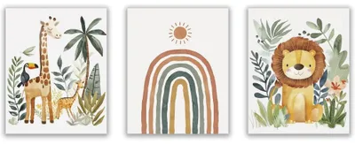 Produktbild von Tier Wandbild Set - 3-teilig mit Löwe Giraffe und Regenbogen - Wanddekoration für Schlafzimmer - 28 x 35 cm Ungerahmt