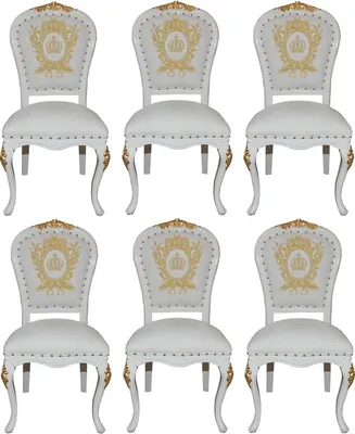Produktbild von Pompöös by Casa Padrino Luxus Barock Esszimmerstühle mit Krone Weiß / Gold - Pompööse Barock Stühle designed by Harald Glööckler - 6 Esszimmerstühle - Barock Esszimmermöbel