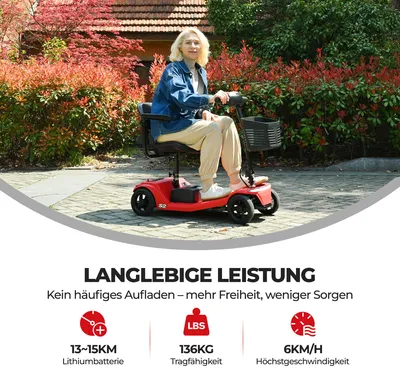 Produktbild von Elektromobil mit vier Rädern für Senioren, Tragkraft 136 kg, Geschwindigkeit 6 km/h, herausnehmbarer Akku, USB-Ladeanschluss, kein Führerschein erforderlich – S2 RED Red
