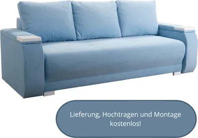 Produktbild von Sofa NIKE PREMIUM mit Schlaffunktion, Bettkasten, Schlafsofa, Schlafcouch, Bonellfederkern, 3 Sofakissen -verschiedene Farben - Blau