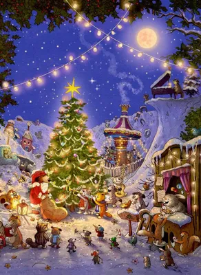 A whimsical winter scene with anthropomorphic animals celebrating Christmas around a decorated tree, with a carousel and a puppet theater.