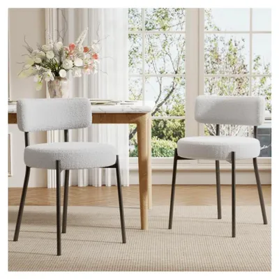 Produktbild von Esszimmerstühle 2er Set, Küchenstühle mit Rückenlehne und Metallbeinen, Gepolsterte Runde Boucle Stühle aus Teddy Stoff, Esszimmerstühle für Wohnzimmer und Schlafzimmer, Weiß