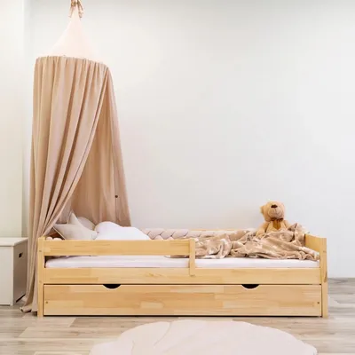 Produktbild von MEBLE WRÓBEL Kinderbett 80x190 cm mit Schublade, Rausfallschutz und Lattenrost - Kinder Bett Montessori - Jugendbet aus Kiefer Massivholz - Einzelbett ohne Matratze