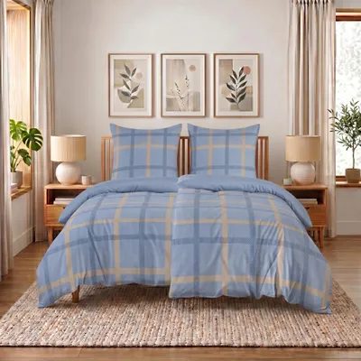 Productafbeelding van Buymax omkeerbaar beddengoed, 155x220 cm, 4-delig (2 x dekbedovertrek 155x220 cm + 2 x kussensloop 80x80 cm), polykatoen, ruitmotief, blauw