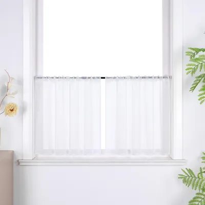 Produktbild von Joyswahl 2er Set Scheibengardinen Leinenoptik Bistrogardine für Küche Bad Wohnzimmer Kurzgardine mit Tunnelzug Lichtdurchlässig Einfarbig Weiß HxB: 45x90cm