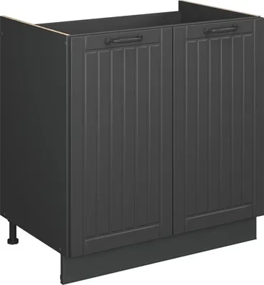 A dark gray kitchen base cabinet with two doors and handles, shown from a front-diagonal angle.