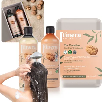 Produktbild von ITINERA Kosmetikset: Shampoo + Spülung für gefärbtes Haar mit Chandlernüssen 2x370 ml