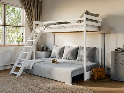 Produktbild von Etagenbett Jugendbett Couch SIDNEY 90x200/140x200 mit Schlaffunktion Couch in Cord Samt inkl 3 große Kissen Weiss Grau Funktionsbett aus Kiefernholz