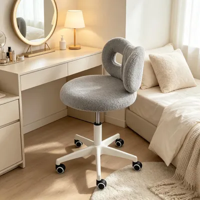 Produktbild von Schreibtischstuhl Bürostuhl mit Rollen,Ergonomisch Homeoffice Stuhl,Schminkstuhl aus Teddy Boucle,Drehstuhl Höhenverstellbar für Büro,Schlafzimmer