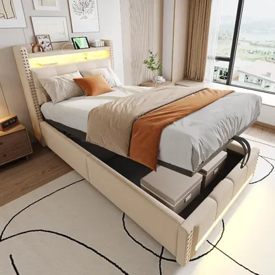 Produktbild von Kinderbett 90x200cm Polsterbett aus Leinenstoff Beige mit Stauraum, LED-Beleuchtung, USB-Steckdose und Kopfteil mit Regalen