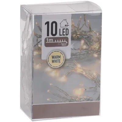 A clear plastic box containing a string of warm white LED lights.