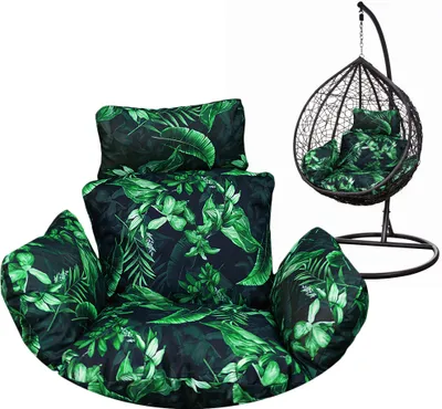 Produktbild von Hängesessel Kissen, Polster für Polyrattan / Rattan Hängeschaukel, Hängekorb, Schaukel Korb, Nur Kissen, Rückenkissen  - schwarz mit grünen Blättern