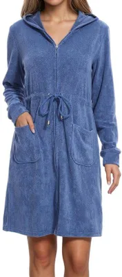 Produktbild von Marineblaue Damen-Saunahose aus weichem Badstoff mit Kapuze und Reißverschluss