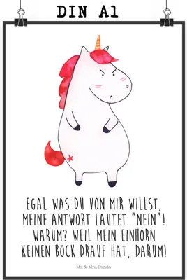 Produktbild von Mr. & Mrs. Panda Bild Einhorn Wut DIN A1 - Weiß - Geschenk, Einhörner, Spaß, Wandbild, wanddeko, Unicorn, drucke, kunstdruck poster, Arbeit, Nein, Plakat