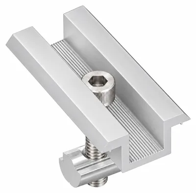 Produktbild von Mittelklemme silber Solarmodul im Befestigungsset mit Nutenstein, Zylinderkopfschraube, Federring - Aluminium Solar PV Modul Montage Halterung