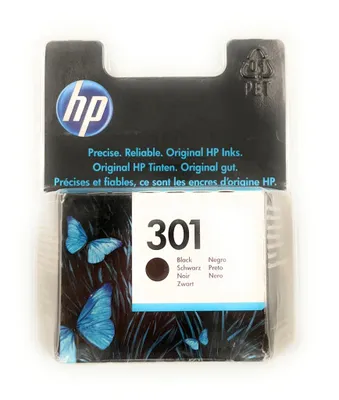The image shows the packaging of an HP 301 black ink cartridge.