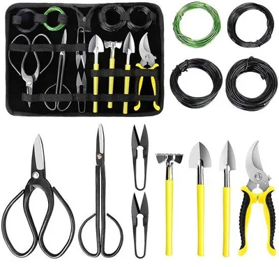 Zdjęcie produktu dla Zestaw narzędzi do bonsai, 13-częściowy, zawierający sekator, szczypce do bonsai, druty do bonsai, mini-motykę i łopatkę – zestaw dla początkujących miłośników bonsai