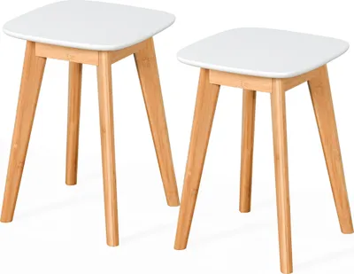 Produktbild von Relaxdays Esszimmerhocker, 2er Set, Bambus, MDF, Küche, Flur & Bad, HBT: 45,5x33x33 cm, Hocker für Pflanzen, natur/weiß